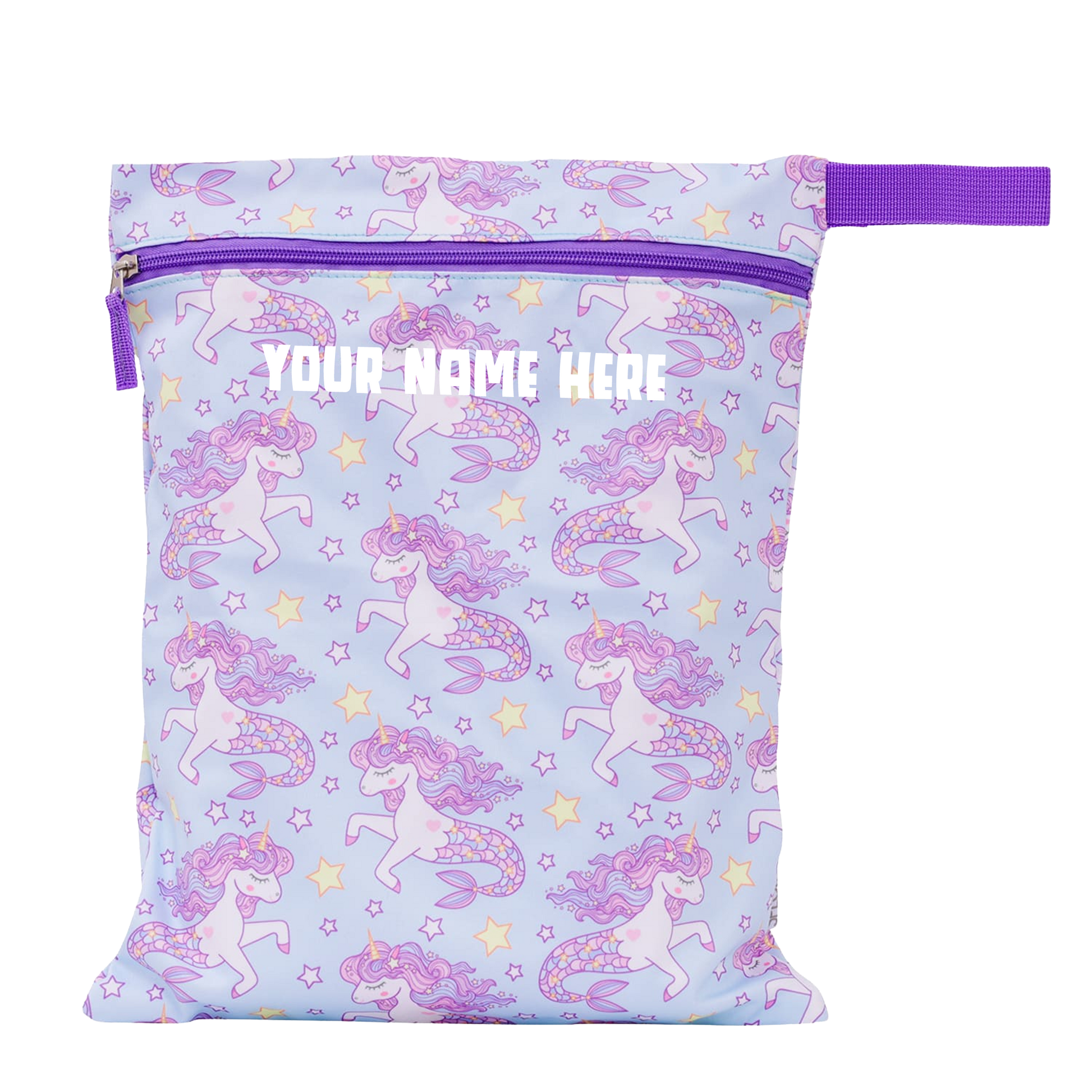 Reusable shopping bag with unicorn pattern and customizable text area on a light blue background