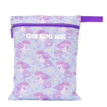Load image into Gallery viewer, Reusable shopping bag with unicorn pattern and customizable text area on a light blue background
