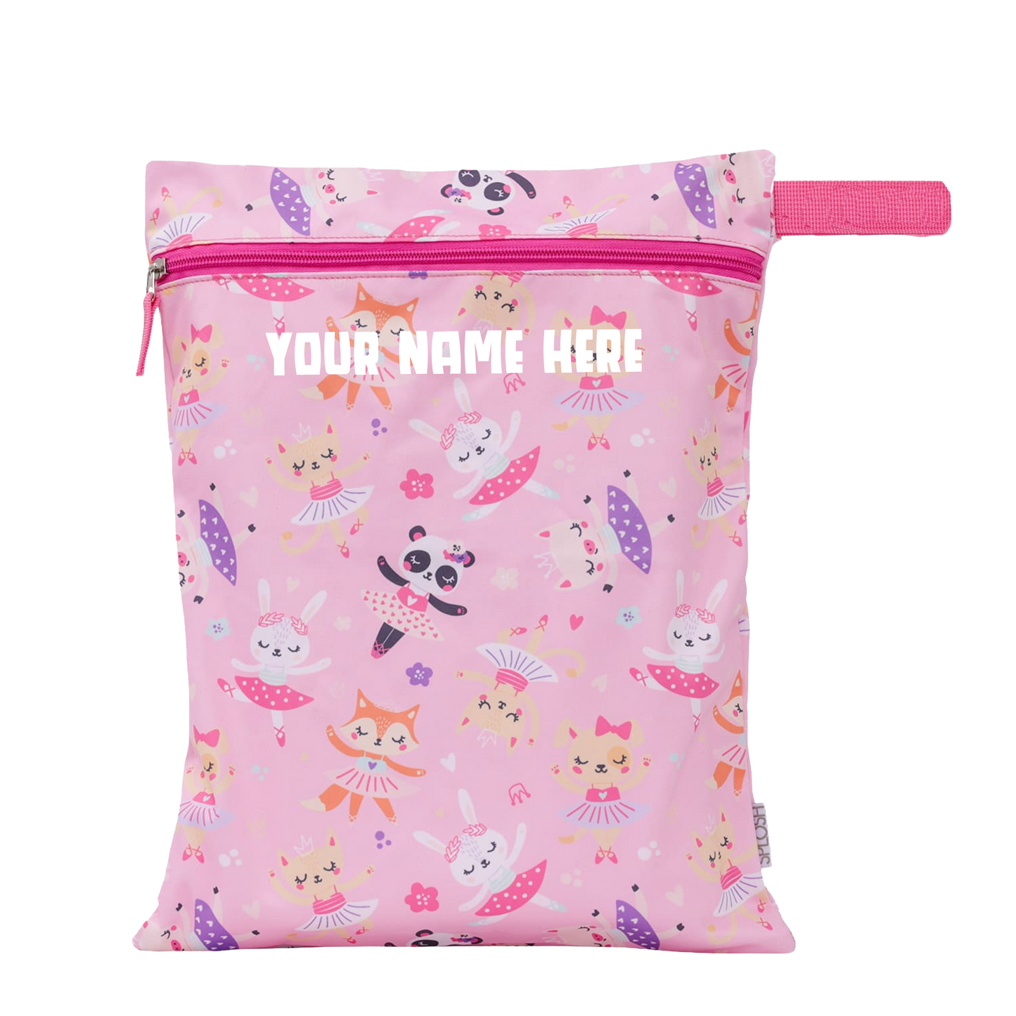 Pink pouch with animal pattern and customizable text area on a white background