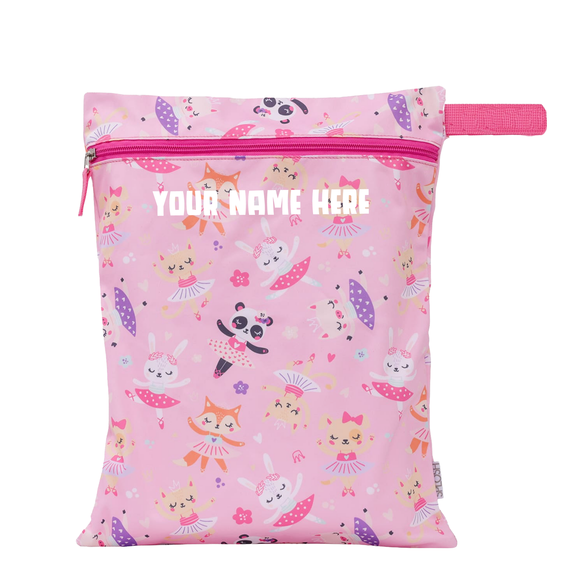 Pink pouch with animal pattern and customizable text area on a white background