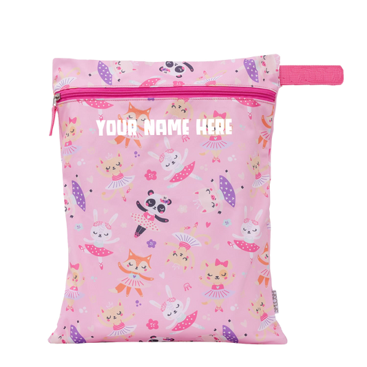 Pink pouch with animal pattern and customizable text area on a white background