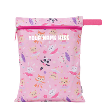 Load image into Gallery viewer, Pink pouch with animal pattern and customizable text area on a white background

