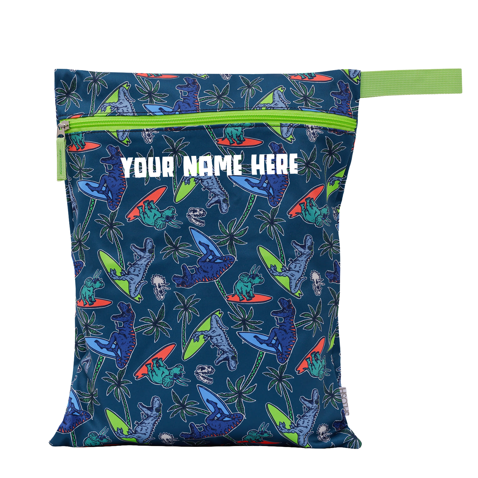 Reusable shopping bag with dinosaur pattern and customizable text on a white background