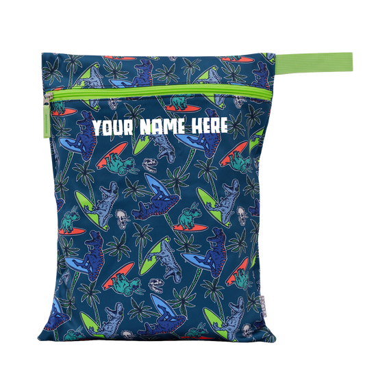 Reusable shopping bag with dinosaur pattern and customizable text on a white background