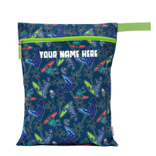 Load image into Gallery viewer, Reusable shopping bag with dinosaur pattern and customizable text on a white background
