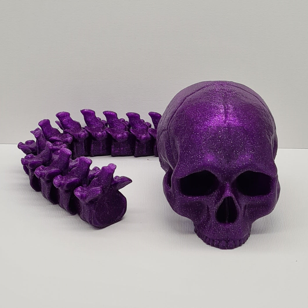 Glitter Purple PLA 3D Printed Skull With Articulated Spine